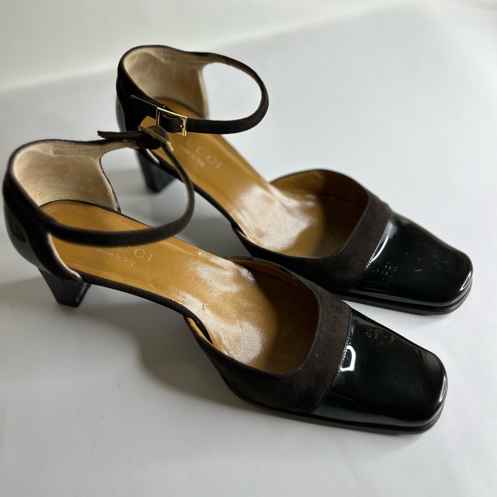 GUCCI VENTAGE MARY JANE TOM FORD ERA SUEDE AND PATIENT LEATHER SQUARE